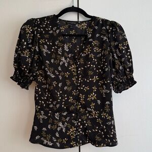 Banana Republic Black Floral Puff Sleeve Peplum Button Front Blouse XS Feminine